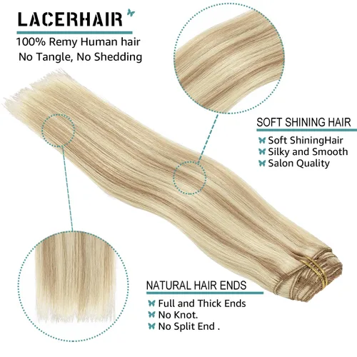 Miniatura 3 de Lacer Extensiones de cabello humano real con clip, color castaño claro, con reflejos rubio platino, grueso, sedoso y lacio, extensiones de cabello