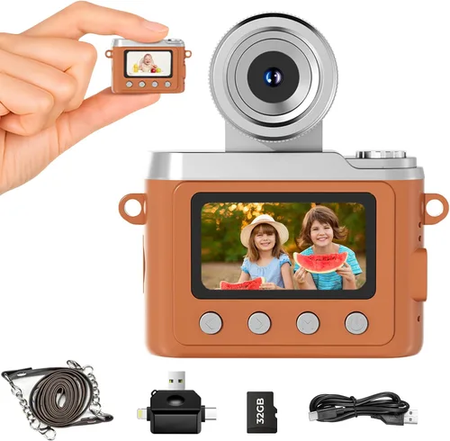 Mini cámara digital con llavero, cámara CCD retro 1080P Videocámara digital con lente abatible con tarjeta de 32 GB y lector de tarjetas 3 en 1,
