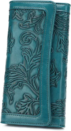 Miniatura 51 de MEITRUE Cartera de cuero para mujer, con bloqueo RFID, triple pliegue, con relieve, soporte para tarjetas, organizador de chequera para teléfono