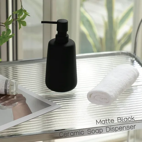 Miniatura 5 de Dispensador de jabón de cerámica negro mate, dispensador recargable de encimera de baño o cocina de 13 onzas con revestimiento de goma suave al tacto