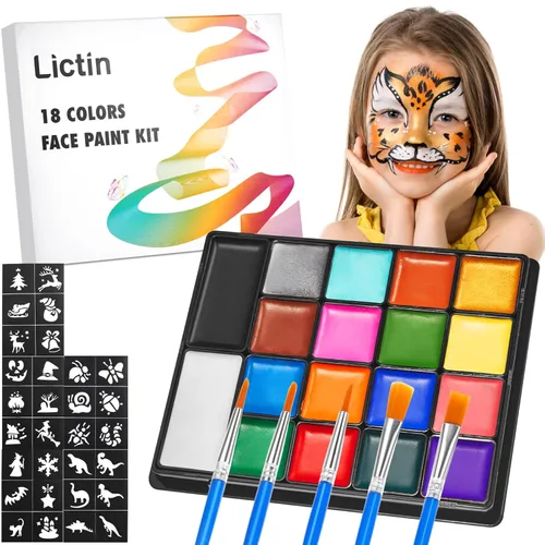 Lictin Pintura Facial a Base de Agua - Kit de Pintura Facial de 18 Colores con Plantillas y Brochas, Kit de Maquillaje de Halloween para Adultos y
