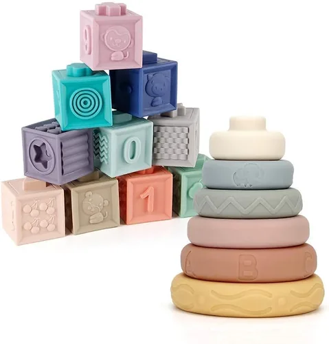 Mini Tudou Juego de juguetes de bloques y anillos apilables para bebés, juguetes educativos de construcción y dentición, juguetes educativos para