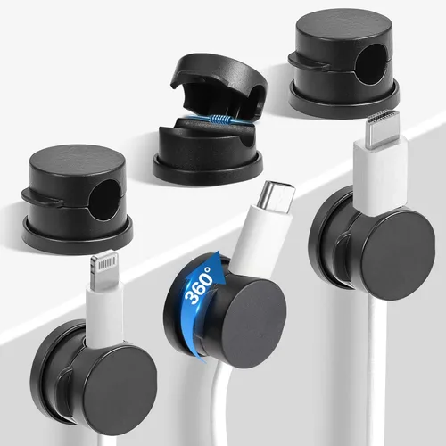 6 piezas de organizador de cables con soporte, clips de cable de resorte giratorios 360°, accesorios de escritorio de gestión de cables con fuerte