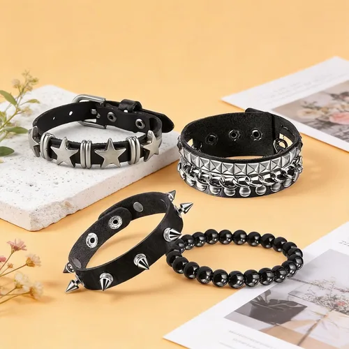 Miniatura 6 de Juego de 4 pulseras punk rock con tachuelas, pulseras de cuero para hombres y mujeres, pulseras con pinchos y accesorios emogóticos para fiestas