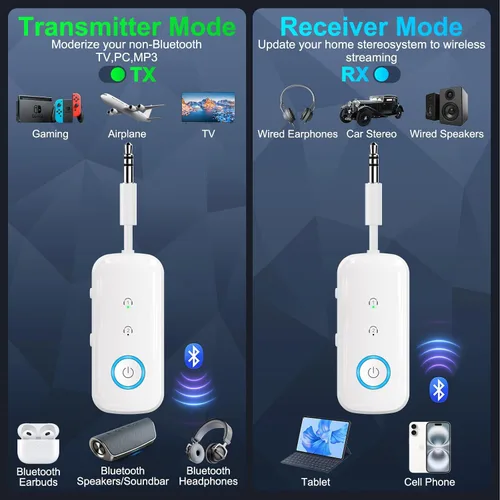 Miniatura 2 de Transmisor Receptor Bluetooth 5.4 Premium Pro, Adaptador de Audio para Avión, Transmisor Inalámbrico para TV/Vuelo de Viaje, Aerolínea, Gimnasio.