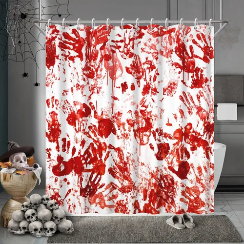 Miniatura 9 de Cortina de ducha de Halloween, juego de cortina de ducha de pared de sangre roja, 72 x 72 pulgadas con ganchos, decoración de Halloween horrible