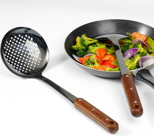 Miniatura 9 de FJNATINH Espátula Wok de acero inoxidable, cucharón, juego de herramientas de cucharón de espumadera, utensilios de cocina pulidos con mango de Negro
