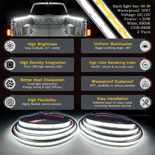 Miniatura 2 de Luces LED para caja de camión, 60 pulgadas, paquete de 2, COB 1584 LED, color blanco, 6500 K, 12 V, 30 W, IP67, con interruptor, soporte de fusibles