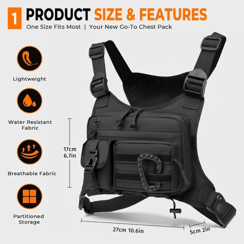 Miniatura 2 de Muserise - Bolso de pecho para exterior para hombres y mujeres, chaleco táctico para correr, ciclismo, paquete de pecho EDC para deportes y Negro