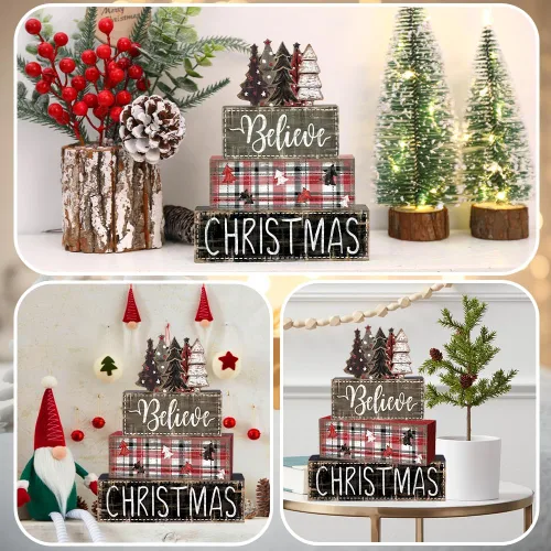 Miniatura 5 de DIYDEC 4 piezas de decoración de mesa de Navidad, árbol de Navidad, letrero de bloque de madera, decoración de bandeja escalonada de Navidad, pieza