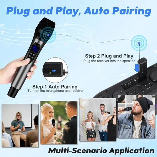 Miniatura 7 de HOTEC Micrófonos inalámbricos Dual UHF Sistema de micrófono de mano con control de eco/volumen, receptor recargable para karaoke, iglesia, boda