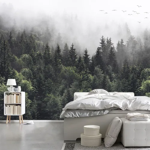 Papel pintado de bosque brumoso del bosque, paisajes naturales verdes, murales de pared para dormitorio y sala de estar (no despegar y pegar)