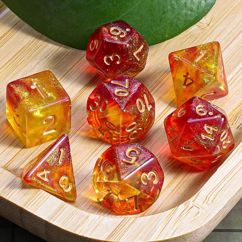 Miniatura 5 de CiaraQ DND - Juego de dados poliédricos con una bolsa de dados negra para juegos de mesa de rol D&D RPG MTG Rojo mezclado con naranja + purpurina