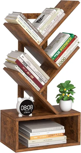 Miniatura 21 de SHEEPAM - Estantería pequeña con cajón, estantería de 4 niveles en forma de árbol en color negro, estantería de escritorio de madera, estanterías
