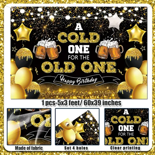 Miniatura 4 de Decoraciones de fiesta de cerveza, telón de fondo de feliz cumpleaños negro y dorado para hombres, un frío para el anciano, pancarta de fondo