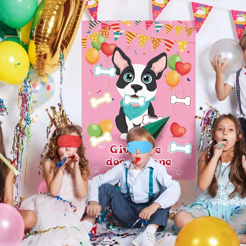 Miniatura 7 de Fowecelt Juego de fiesta Pin The Bone on The Dog con 48 piezas de hueso, vendas de ojos, póster y adhesivos para suministros de fiesta de cumpleaños