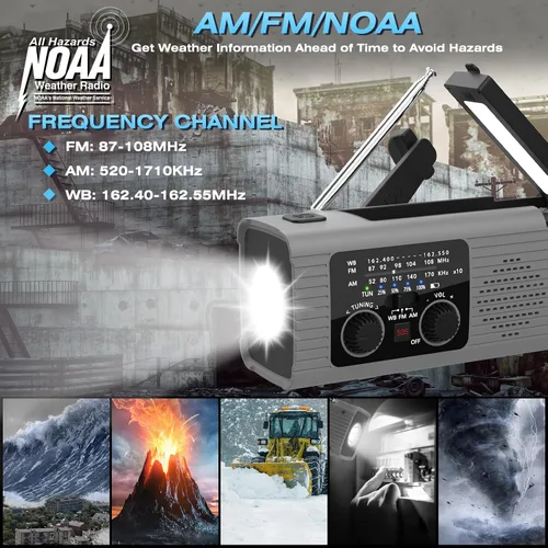 Miniatura 3 de Nitigo - Radio de emergencia de 4,000 mAh con manivela solar AM/FM/NOAA, portátil, con cargador de teléfono, linterna LED, lámpara de lectura