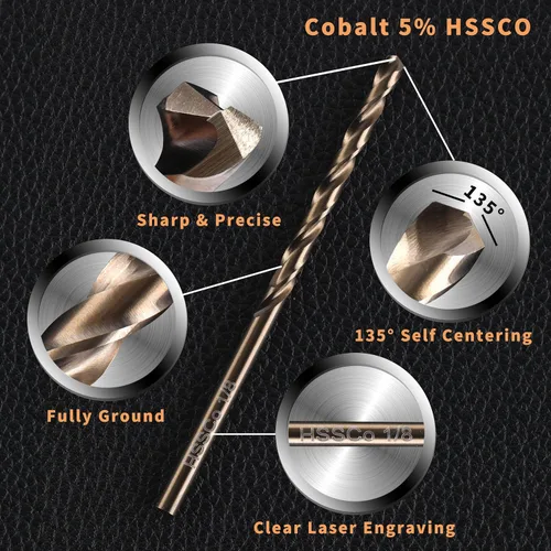 Miniatura 2 de (20PCS) Broca de cobalto de 1/8", brocas de metal HSS M35 para acero, acero inoxidable, hierro fundido, plástico duro y madera