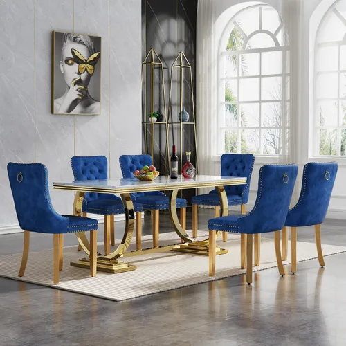 Miniatura 46 de Juego de mesa de comedor de 7 piezas con sillas, mesa de comedor de mármol sintético y sillas beige para 6, juego de mesa de comedor de oro blanco