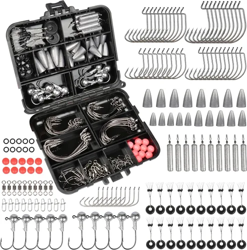 Kit de accesorios de pesca, juego de pesca con caja de aparejos, anzuelos de pesca, pesos, cabezas de plantilla, juntas tóricas, giros de barril,