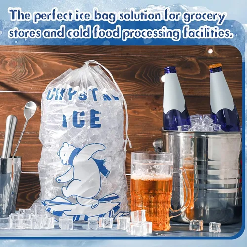 Miniatura 4 de Honoson 100 bolsas de almacenamiento de hielo de plástico de 10 libras con cierre de cordón de algodón para barbacoas, campamentos, puestos