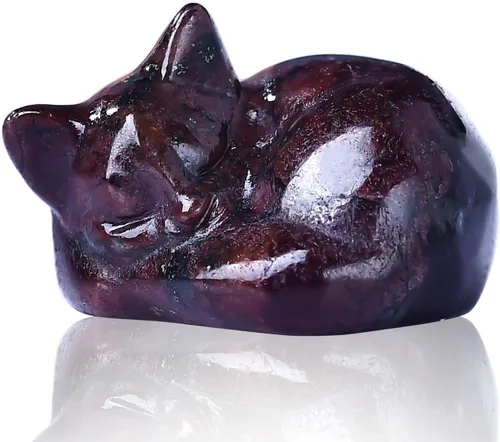 Decoración de cristales de gato de granate natural, estatua de gato dormido, piedras preciosas pulidas de cristal curativo, piedras preciosas