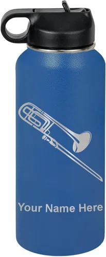 Miniatura 50 de LaserGram Botella de agua personalizada, trombón, acero inoxidable de doble pared aislada al vacío con popote superior, regalo grabado personalizado