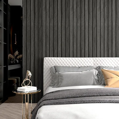 Miniatura 4 de Wallercity Paneles de madera 3D gris/negro para paredes, paneles de pared de listones de madera autoadhesivos para dormitorio, baño, panel de pared