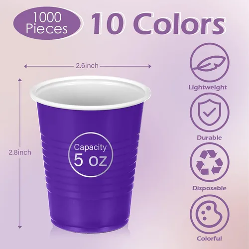Miniatura 2 de Eaasty 1000 vasos de plástico desechables para fiestas, 10 colores, 5 onzas, vasos de plástico de 5 onzas, vasos desechables de varios