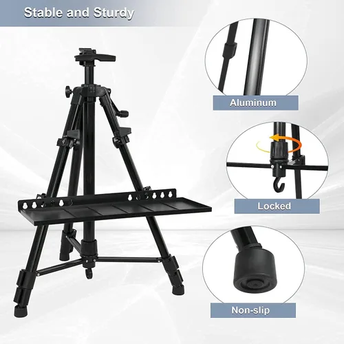 Miniatura 9 de Soporte de caballete, caballete ajustable de 20 a 61 pulgadas para adultos, trípode de aluminio con bandeja, caballete de pintura portátil para mesa