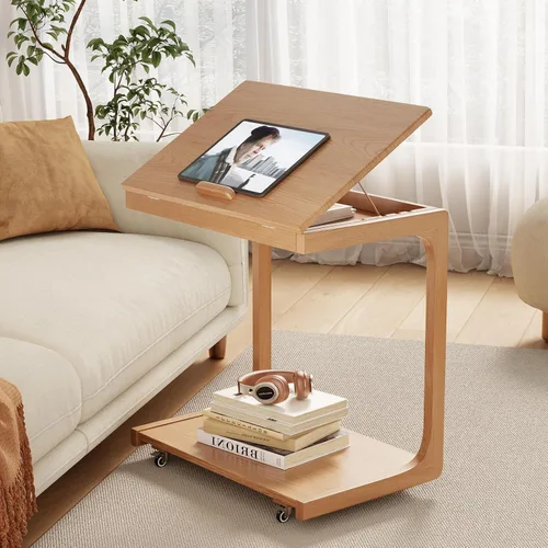 Miniatura 15 de AQIMUELE Mesa auxiliar de madera en forma de C, escritorio de sofá con 2 ruedas con cerradura, mesa de sofá de 4 niveles con bolsa de Natural