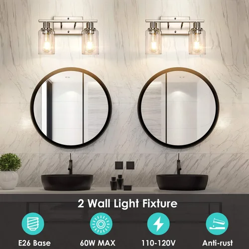 Miniatura 3 de ShineTech Lámparas de baño de 2 luces, modernas luces de tocador con pantalla de vidrio transparente, luz de tocador de baño de níquel cepillado