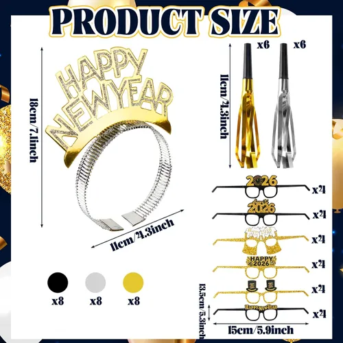 Miniatura 2 de Gemscream 144 piezas de suministros para fiesta de Año Nuevo 2026, incluyen diadema de feliz año nuevo, gafas largas y cortas con flecos
