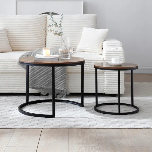 Miniatura 12 de Juego de 2 mesas auxiliares anidables para sala de estar, juego de mesa auxiliar redonda moderno, mesa auxiliar circular de madera y muebles Negro