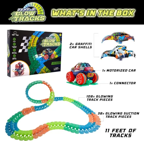 Miniatura 6 de USA Toyz Zero-G Glow Pista de Carreras para Niños - Juego de Pista de Carreras Flexible de 150 Piezas que Brillan en la Oscuridad con Ventosas