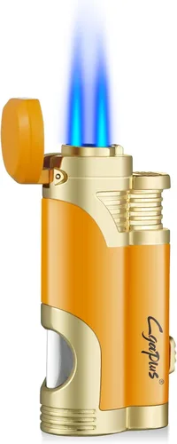 Miniatura 11 de GUEVARA Encendedor de Antorcha de Butano con Punzón a Prueba de Viento de Doble Chorro (Negro-Dorado) Dual jet flame, windproof, butane refillable