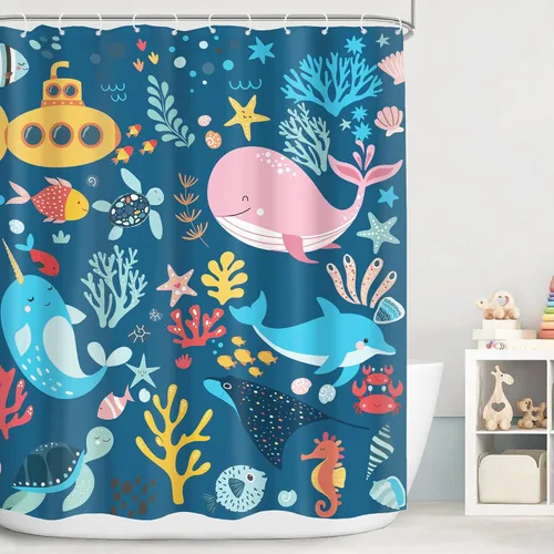 Miniatura 14 de Cortina de ducha para niños, océano, verano, linda ballena de dibujos animados, divertida decoración de baño para guardería, niños y niñas