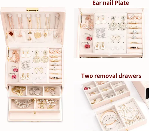 Miniatura 2 de DEZZIE Joyero para mujer piel sintética para personas mayores caja de almacenamiento de joyas de tamaño mediano de 3 capas con cerradura Estuche