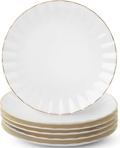 BTaT- Platos de postre blancos, juego de 6, 8 pulgadas, porcelana blanca con borde dorado, plato pequeño, pequeños platos de aperitivo, regalos de