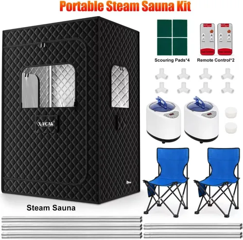 Miniatura 9 de X-Vcak Sauna para 2 personas, caja de sauna extragrande, tienda de campaña portátil para sauna de vapor con 2 vaporizadores, 2 sillas plegables, 71