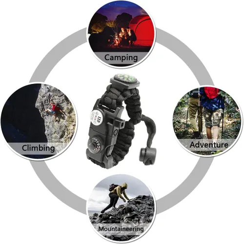 Miniatura 7 de Brazalete de paracord de supervivencia 20 en 1, kit de equipo ajustable con luz LED SOS, arrancador de fuego, brújula más grande, silbato de Negro