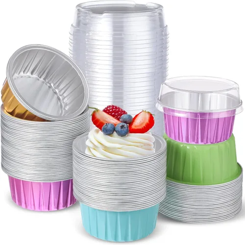 Miniatura 8 de 200 tazas de papel de aluminio para hornear cupcakes de 4.2 onzas, moldes desechables para cupcakes, moldes de postre con tapas, mini recipientes