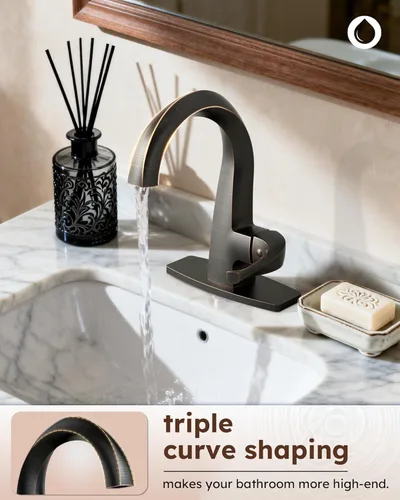 Miniatura 3 de WOWOW Grifo de Baño de Una Sola Manija 1 Agujero Arco Alto Lavabo de Baño Bronce Aceitado Frotado con Desagüe Emergente, Grifo de Lavabo de Baño