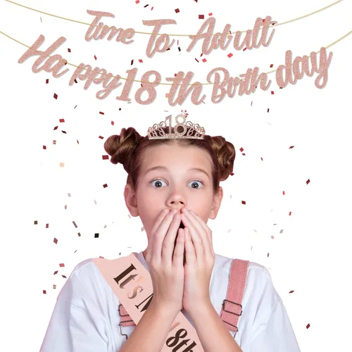 Miniatura 3 de Decoraciones de cumpleaños número 18 de oro rosa para niñas, pancarta de cumpleaños número 18, banda de cumpleaños 18, tiara de 40 pulgadas, número