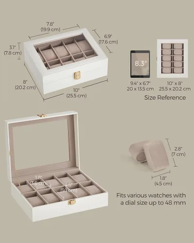Miniatura 6 de SONGMICS Caja de reloj, regalos de Navidad, caja de reloj de 10 ranuras con tapa de vidrio grande, almohadas de reloj extraíbles, organizador