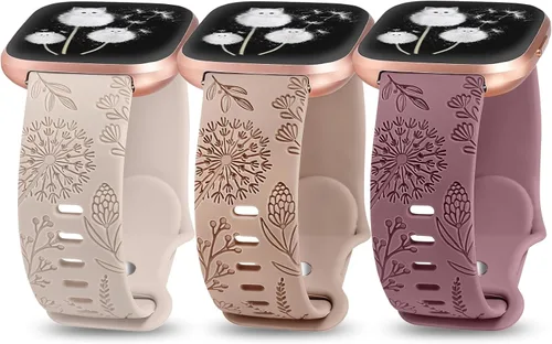 Miniatura 8 de Minyee Paquete de 3 correas grabadas florales compatibles con Fitbit Versa 2/Versa Lite, silicona suave, patrón de flor de diente de león, correa