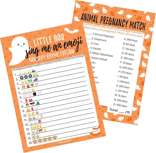 Miniatura 9 de DISTINCTIVS Blue Little Boo is Almost Due Halloween Boy Baby Shower Game Pack – 20 tarjetas de doble cara – Qué hay en tu teléfono y palabras