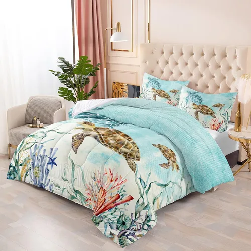 Miniatura 6 de CVHOUSE Juegos de Edredón de Tortuga Marina King para Amantes del Océano, Juegos de Ropa de Cama Turtle Beach King Set, Colcha de Tortuga, Edredón