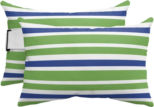Miniatura 15 de T&H XHome Almohada de exterior para tumbona, diseño geométrico simple de rayas, impermeable, almohada lumbar con correa elástica ajustable