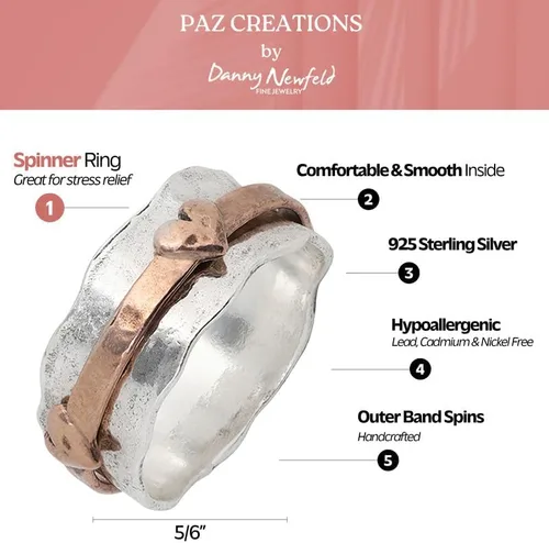 Miniatura 3 de Paz Creations - Anillo giratorio de plata de ley 925 para mujer, estilo bohemio, con banda resistente, joyería artesanal hecha a mano, lista